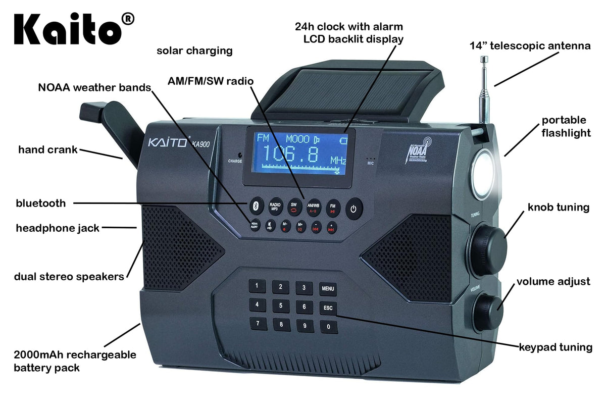 Kaito KA900 Voyager Max side crank and solar panel for off-grid power on the go.