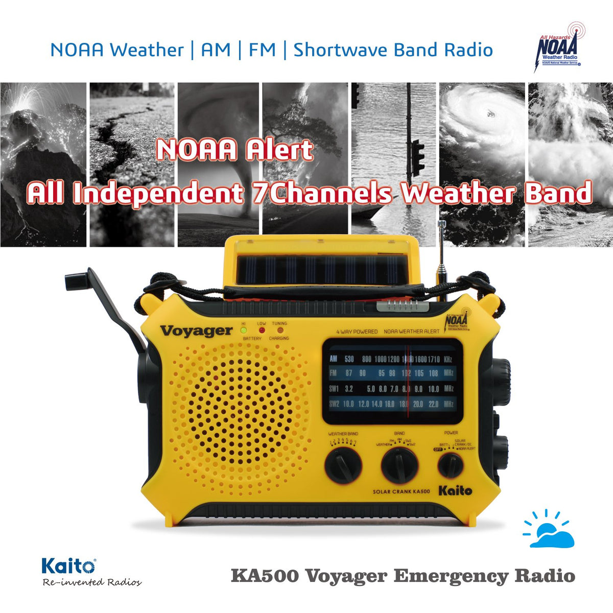Kaito KA500 hand crank detail, Kaito dynamo ensures manual charging capability