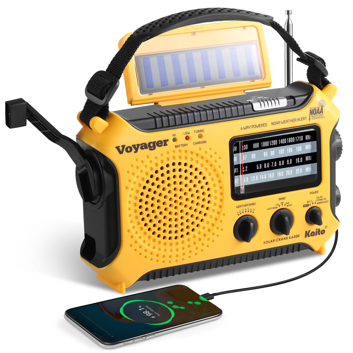 Kaito KA500 front view showing controls and speaker, reliable communication in emergencies