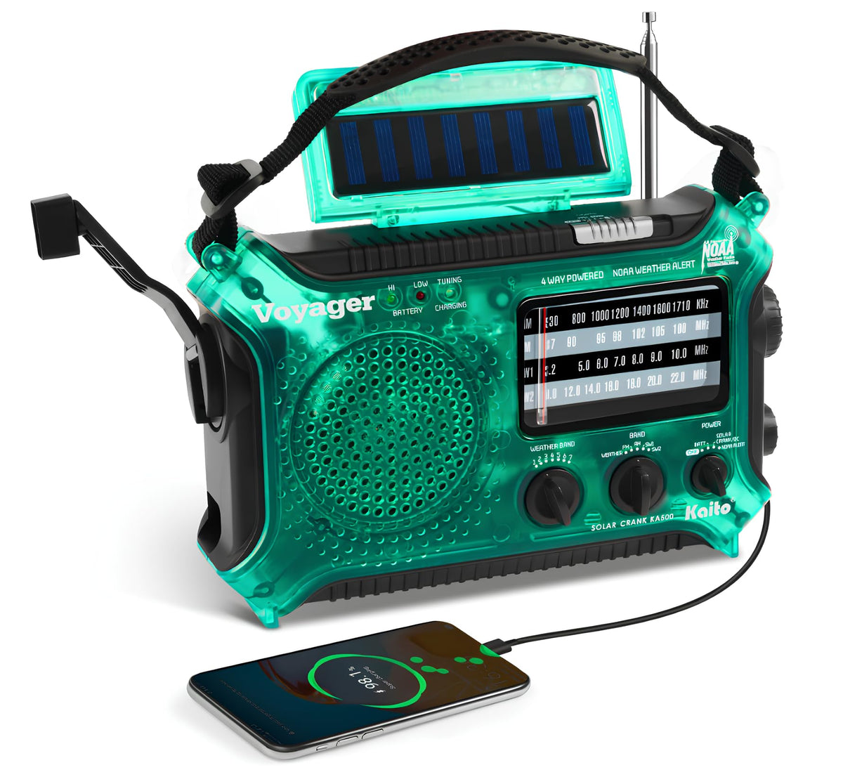 Kaito KA500GRN front view showing controls and speaker, quick access in emergencies