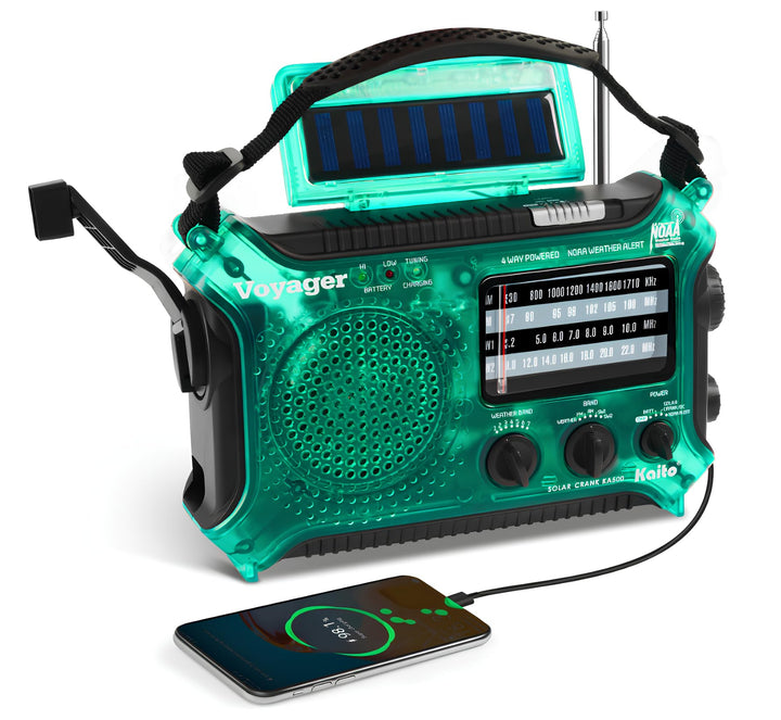 Kaito KA500GRN front view showing controls and speaker, quick access in emergencies