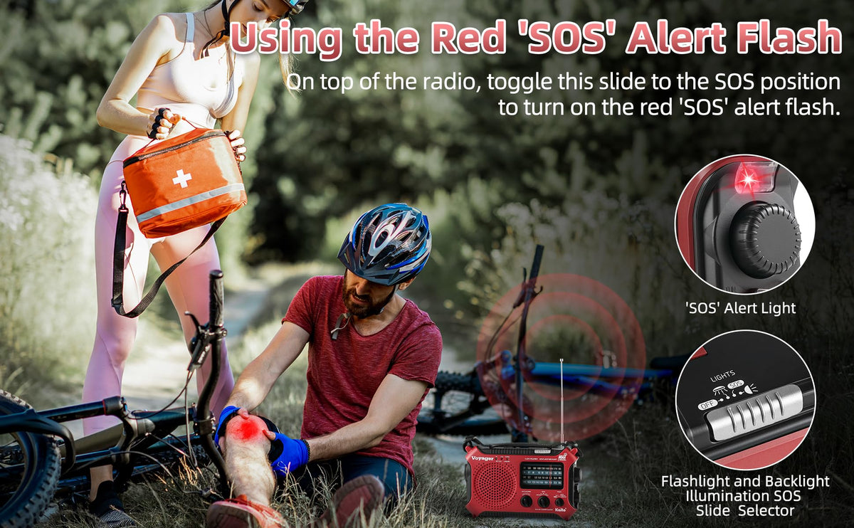 Kaito KA500RED connected to AC adapter for steady charging reliability