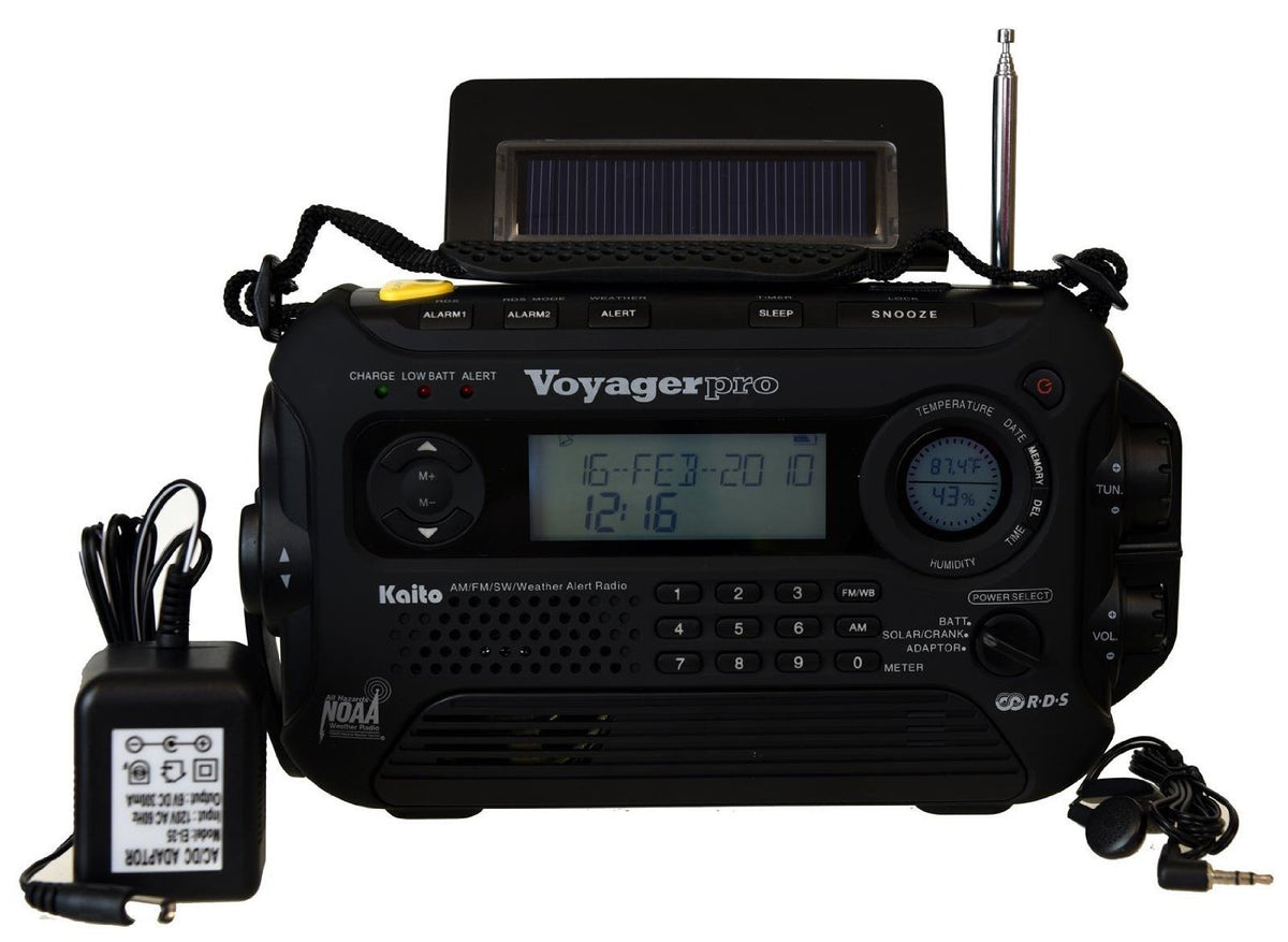 Kaito Voyager Pro KA600 AC adapter included for convenient home charging.