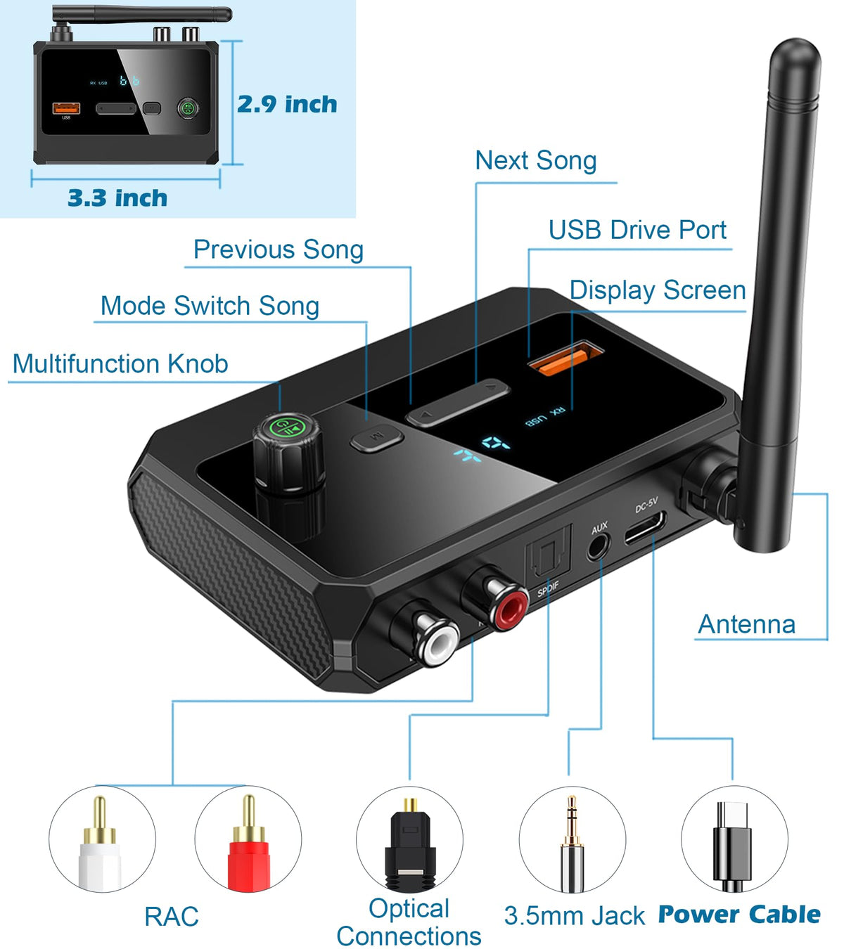 KAIY Bluetooth 5.4 receiver powered by wall adapter for stable use
