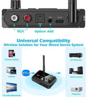 KAIY Bluetooth 5.4 receiver connected to RCA outputs for wireless music