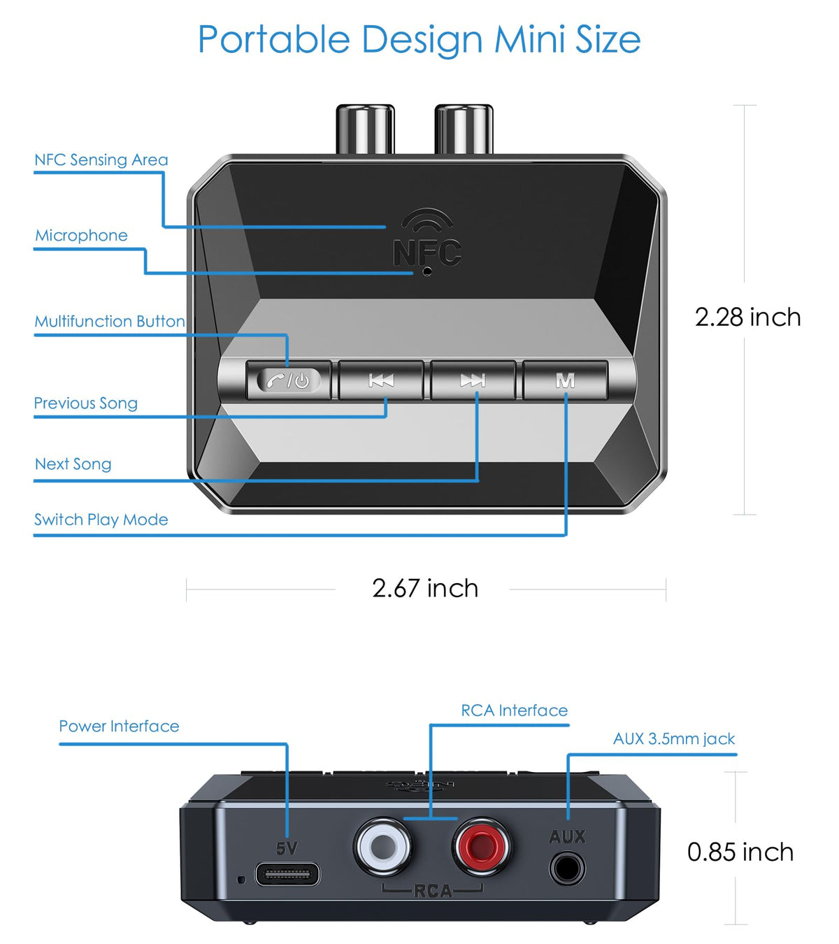 KAIY retail packaging laid out with included RCA cable and USB power cable for out‑of‑the‑box use