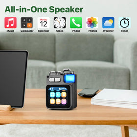 KAJIE MILAN Mini Bluetooth Speaker touchscreen display for quick controls and hands-free use.