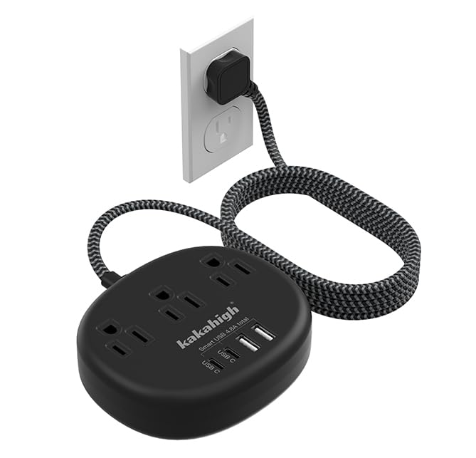 Kakahigh black extension cord 10ft with 3 outlets powering multiple devices.