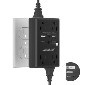 Kakahigh Black Wall Power Strip with 8 outlets and USB ports for multi-device charging.