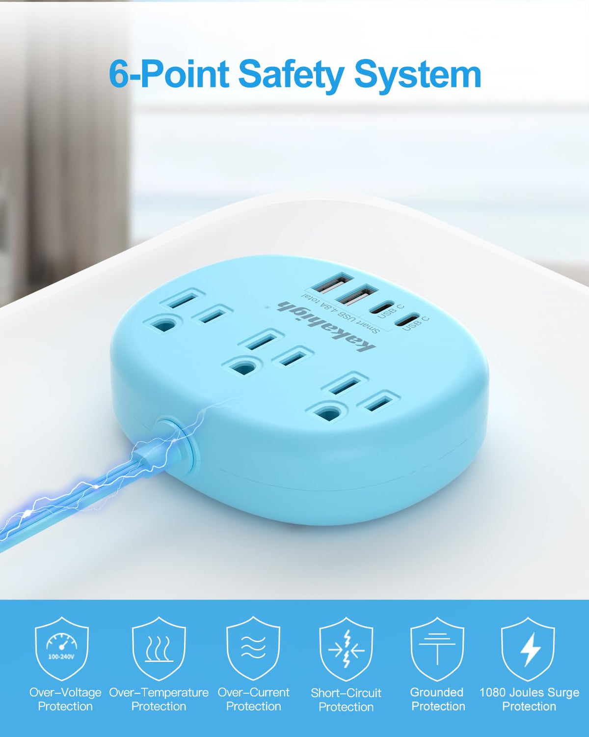 Kakahigh blue extension cord suits dorms and offices as a neat desk accessory.