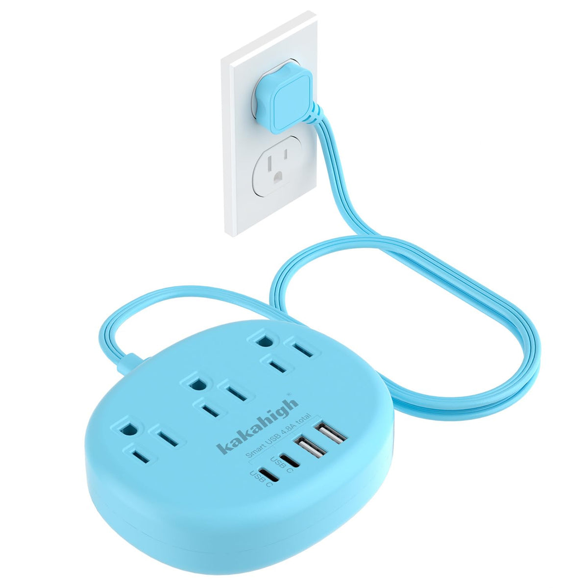 Kakahigh blue extension cord with flat plug for space-saving placement behind furniture.