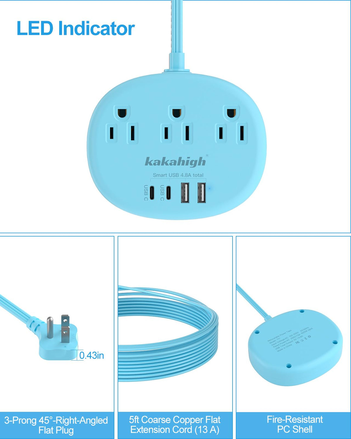 Kakahigh blue extension cord safety features guard against surges and overcurrent.
