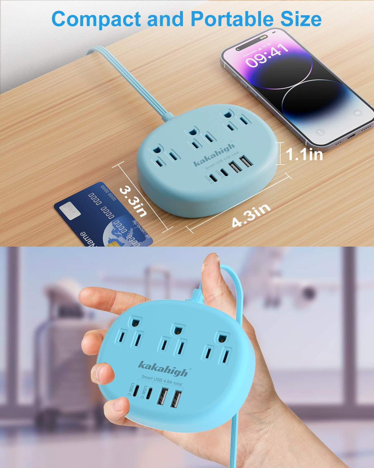 Kakahigh blue extension cord slim head design sits flush against the wall.