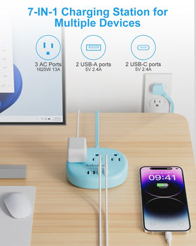 Kakahigh blue extension cord includes USB-C ports for compatible devices and faster top-off.