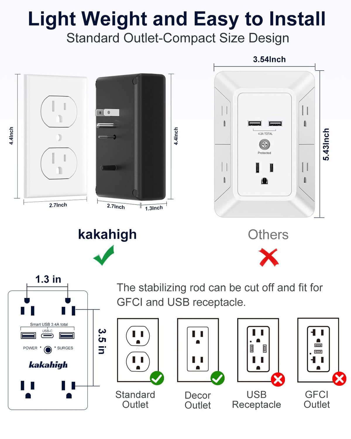 Compact, space-saving design fits two sockets without crowding bulky plugs.