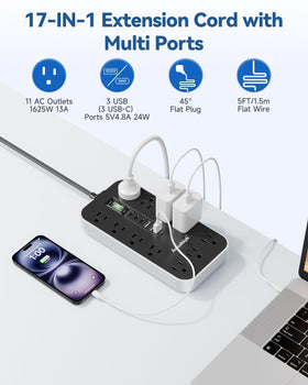 Kakahigh extension cord three-row layout prevents plug crowding for tidy desks.