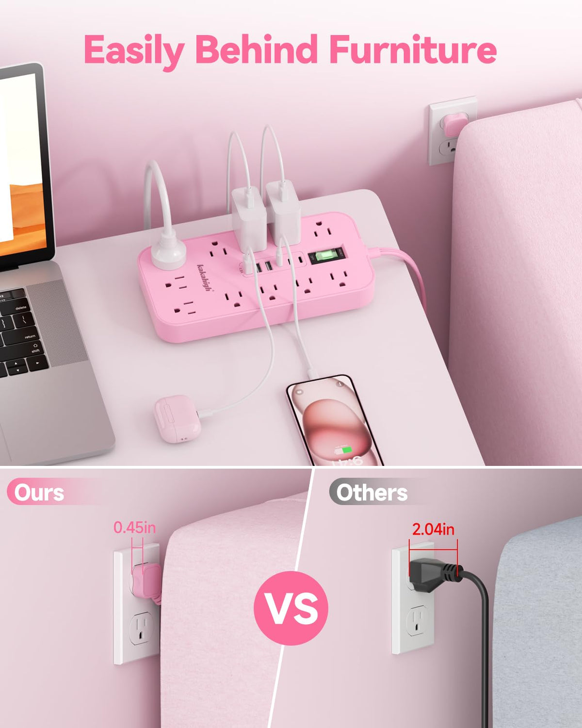 kakahigh flat 45-degree plug fitting behind furniture for space-saving placement