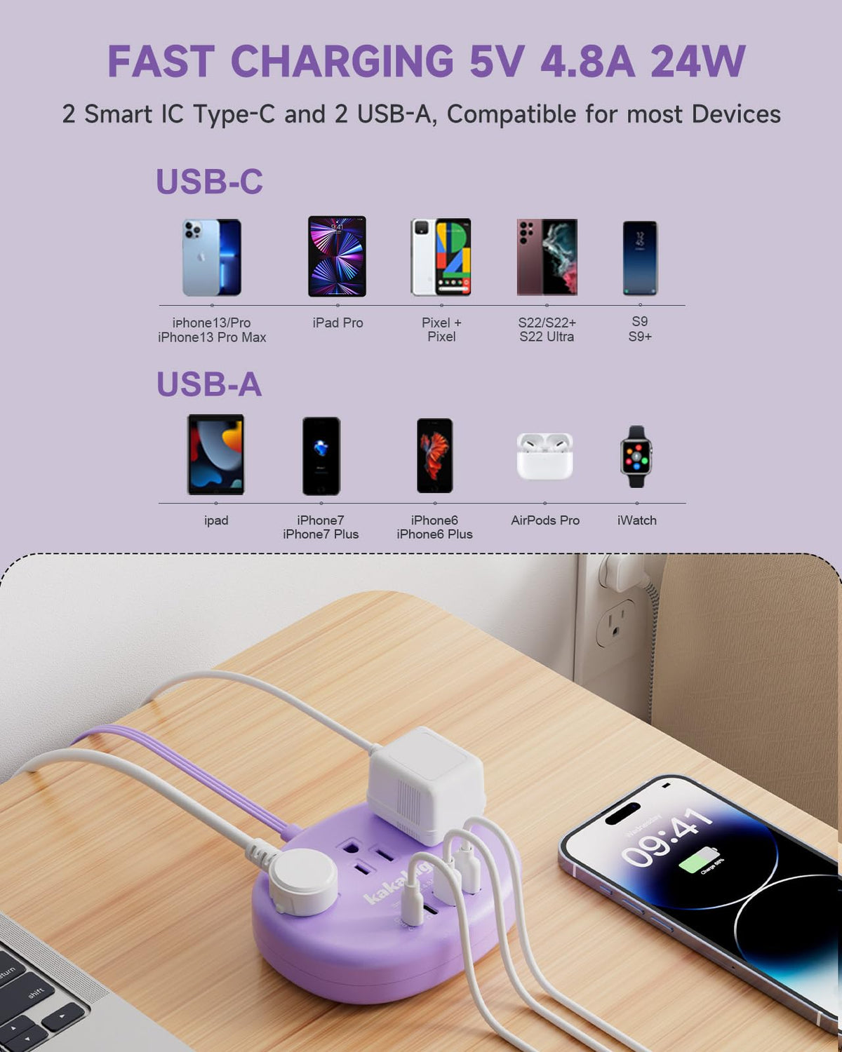 Kakahigh flat plug with 45-degree design fits behind furniture neatly.