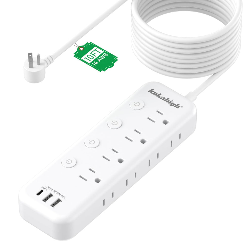 kakahigh front view of 8-outlet power strip showing switches and outlets for organized power