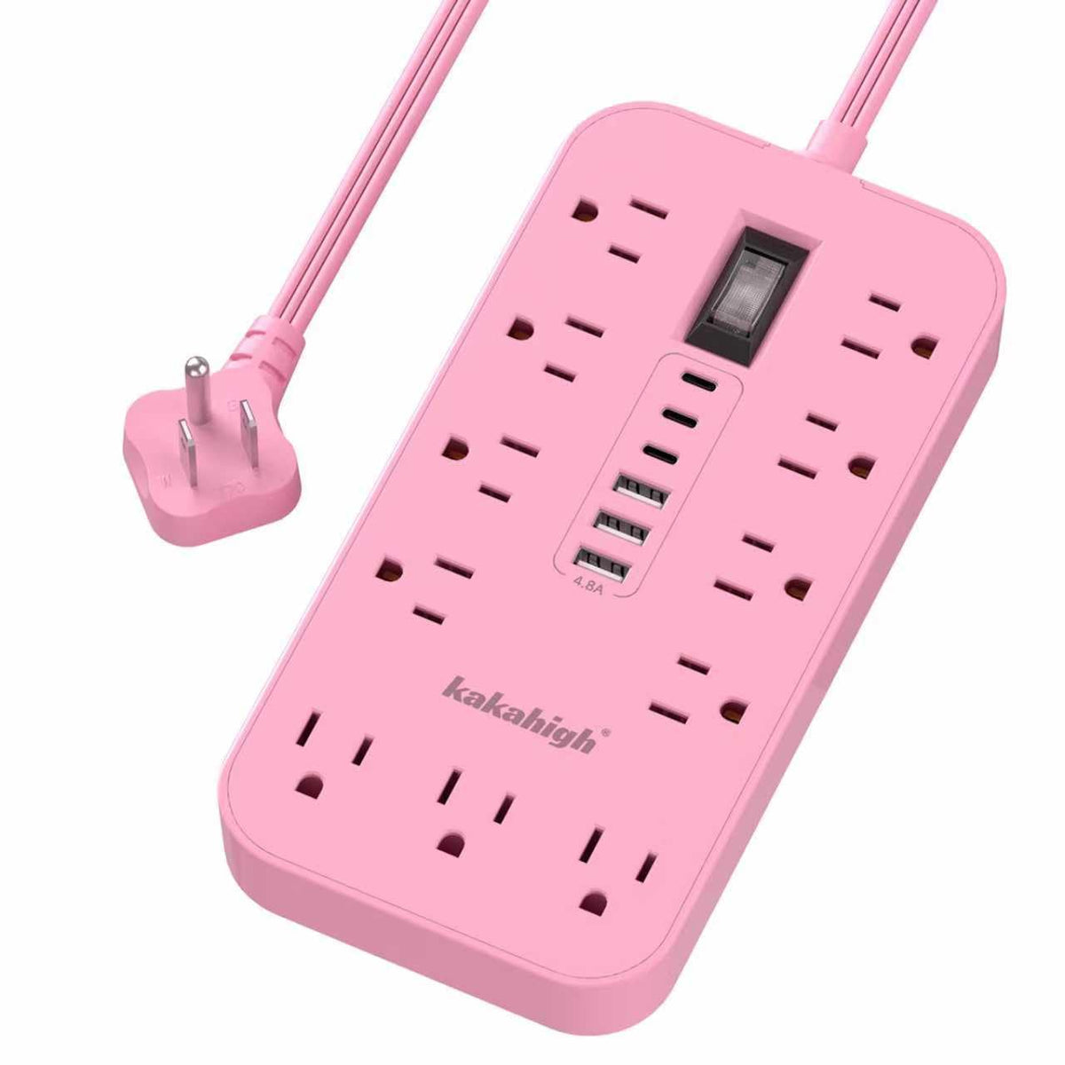 kakahigh front view showing pink power strip and 11 outlets for tidy charging
