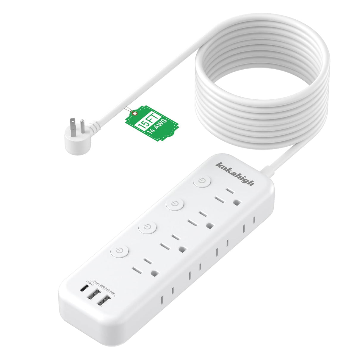 kakahigh front view of power strip showing outlets and switches for organized control