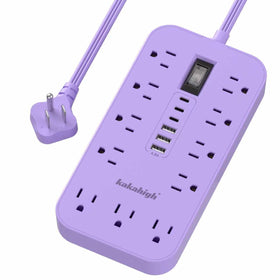 kakahigh front view lavender power strip showing all outlets and USB ports for organized charging