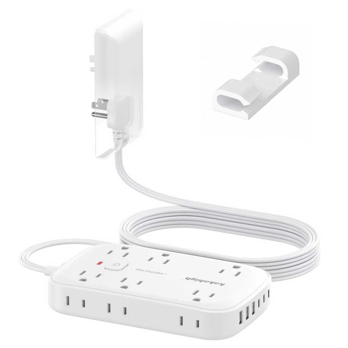 kakahigh front view showing outlets and slim profile, improves organization