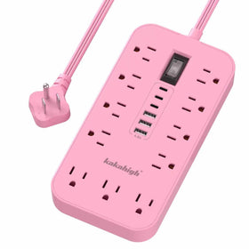 kakahigh front view pink power strip showing outlets and USB ports for multi-device charging