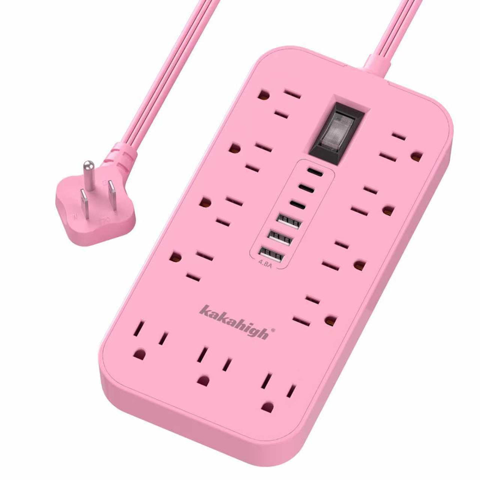 kakahigh front view pink power strip showing outlets and USB ports for multi-device charging