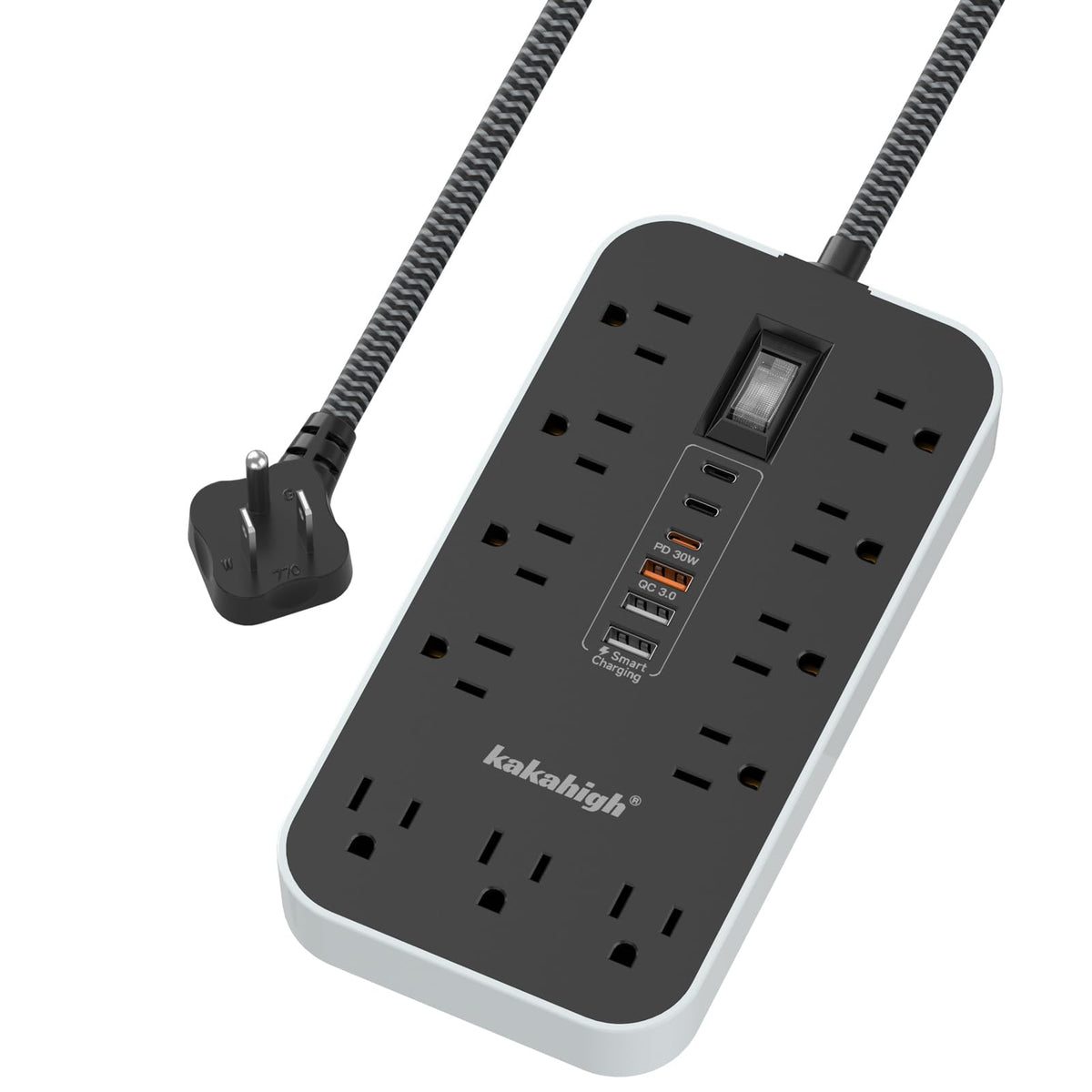 kakahigh front view of power strip showing outlets and ports for organized charging