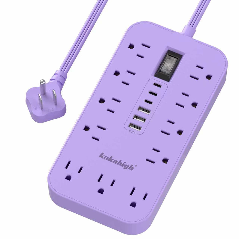 kakahigh front view of purple power strip showing all outlets and switch for organized charging