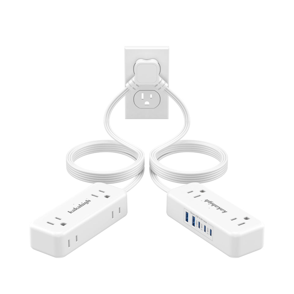 kakahigh front view of twin charging hubs showing outlets and USB ports, organized charging