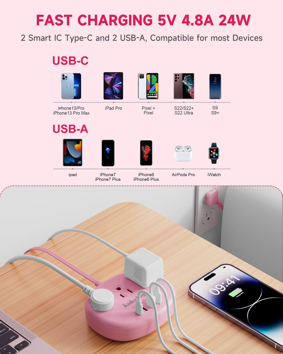 Kakahigh pink power strip providing three outlets for shared device charging.