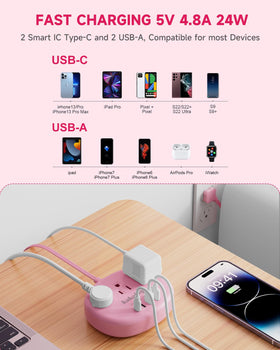 Kakahigh pink power strip providing three outlets for shared device charging.