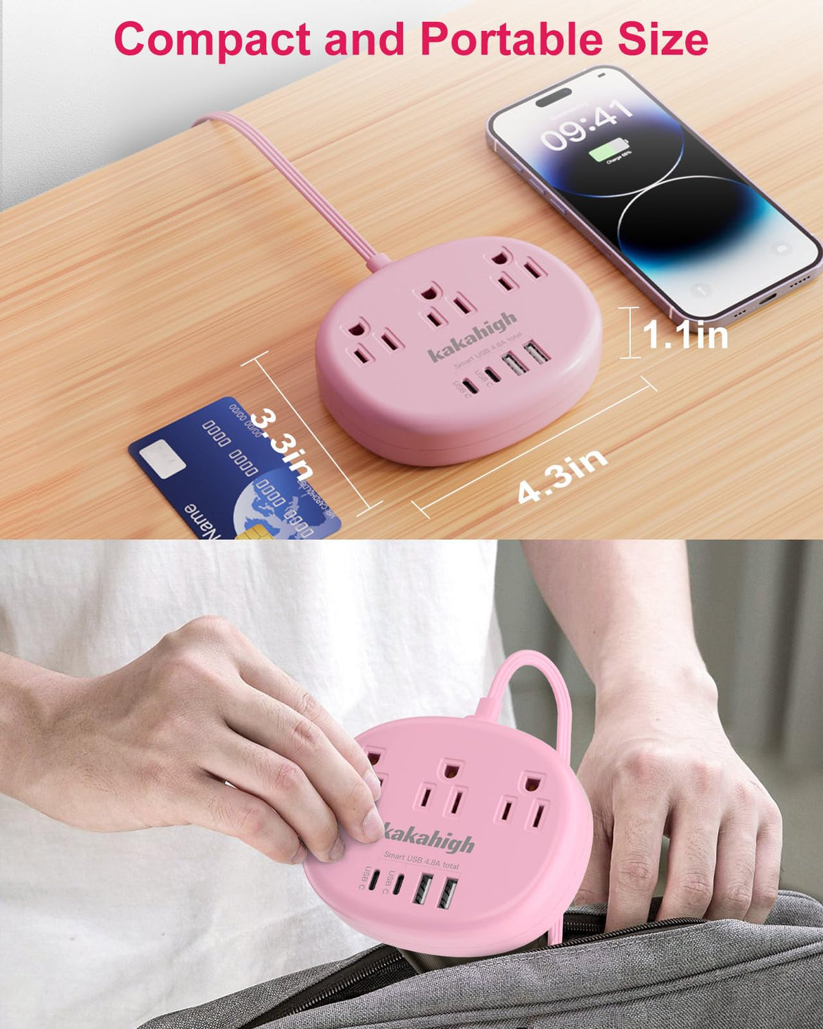 Kakahigh compact pink extension cord designed to save desk space.
