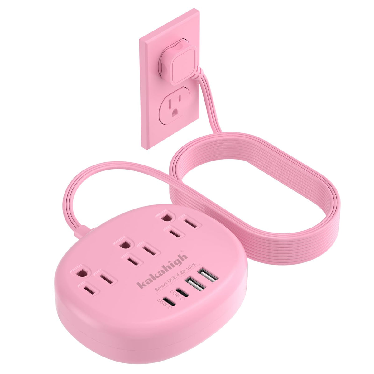Kakahigh pink extension cord with flat plug for clutter-free wall outlets.