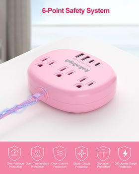 Kakahigh pink extension cord with right-angle plug hugs the wall.