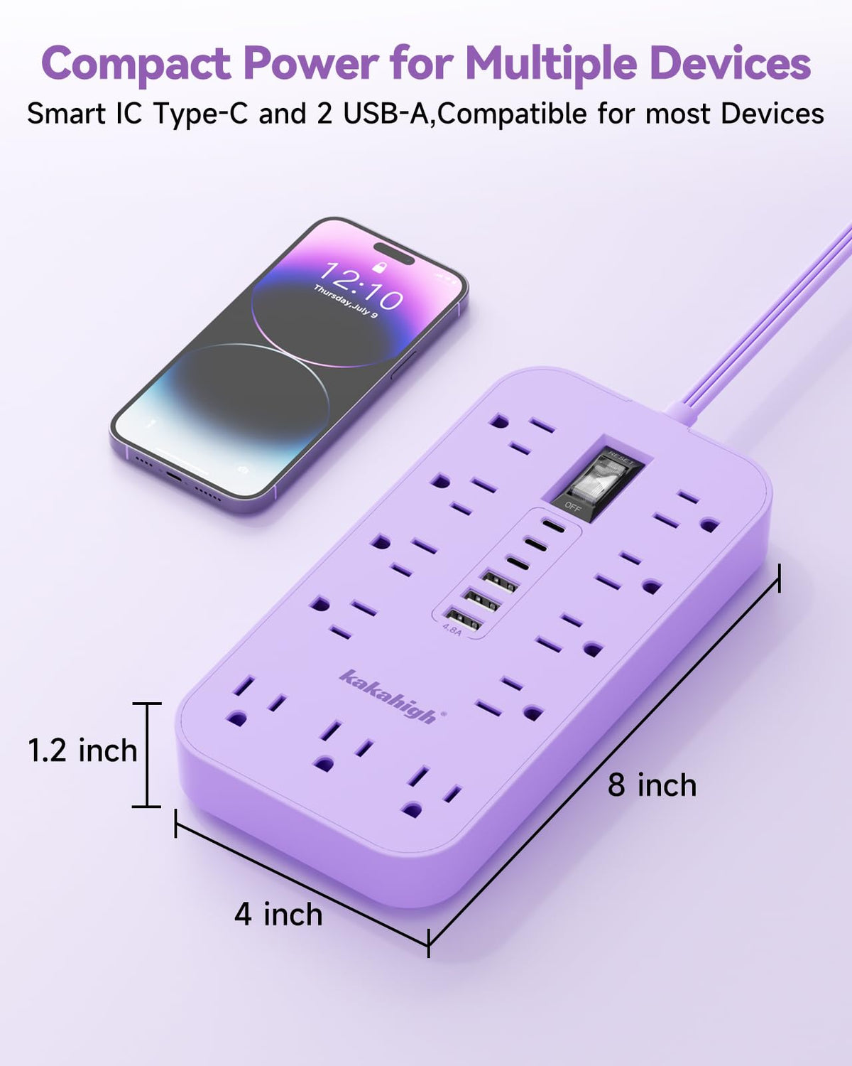 kakahigh power strip in a dorm room offering multi-device charging and pastel decor