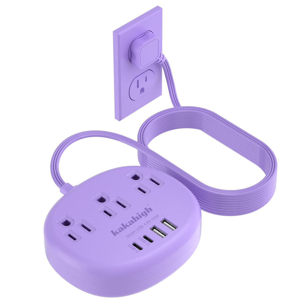 Kakahigh purple extension cord with 10 ft flat plug for a clutter-free desk.