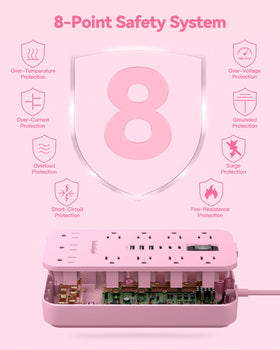 kakahigh power strip next to smartphone to show compact 5 ft cord reach