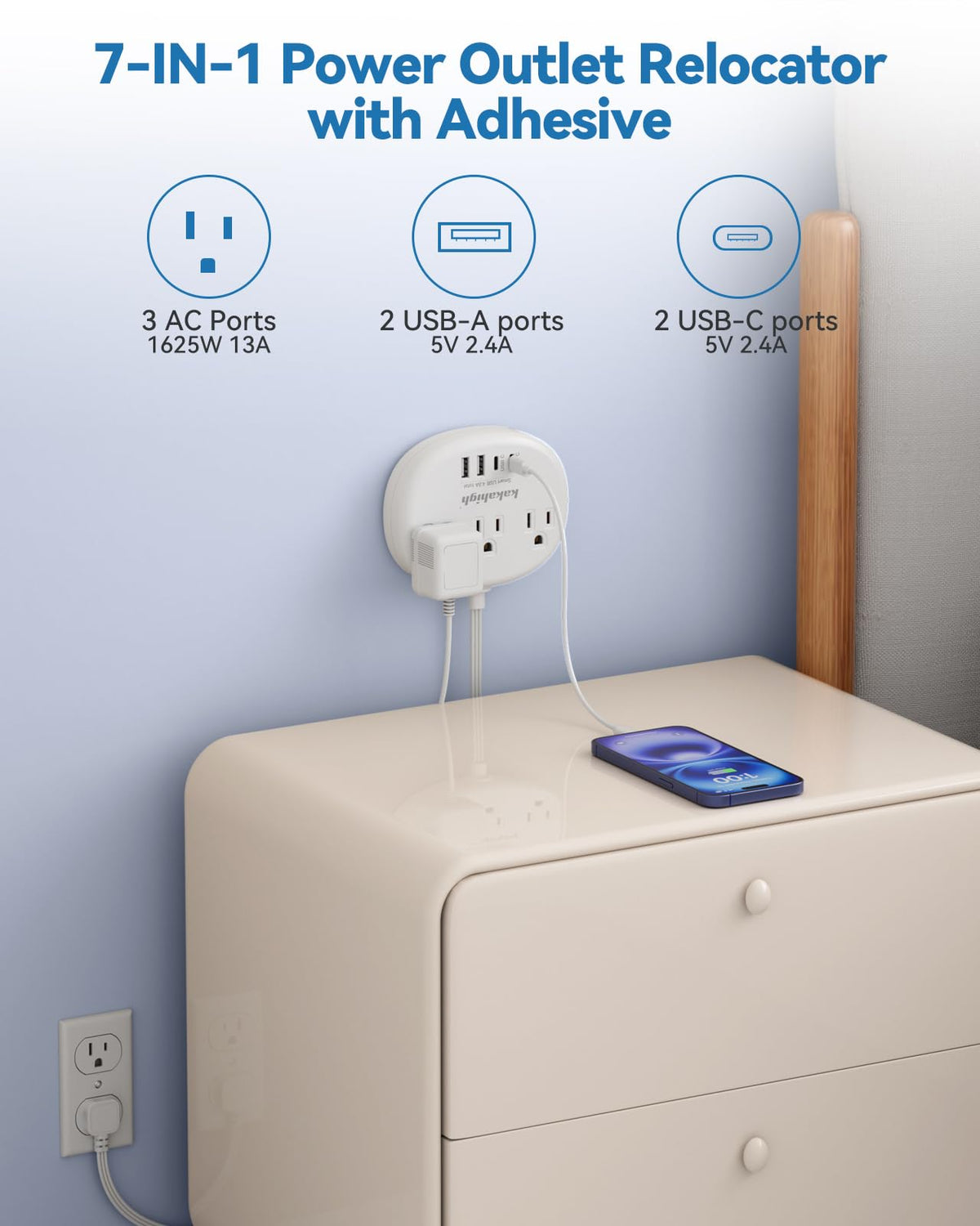 kakahigh slim plug profile closeup fits flush behind furniture benefit