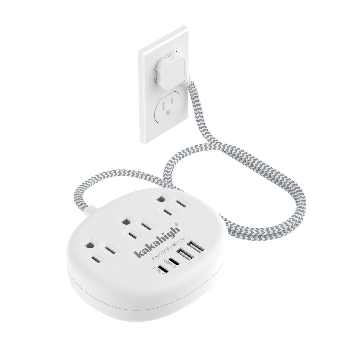 Kakahigh small extension cord with USB-C ports, front view for compact bedside charging.
