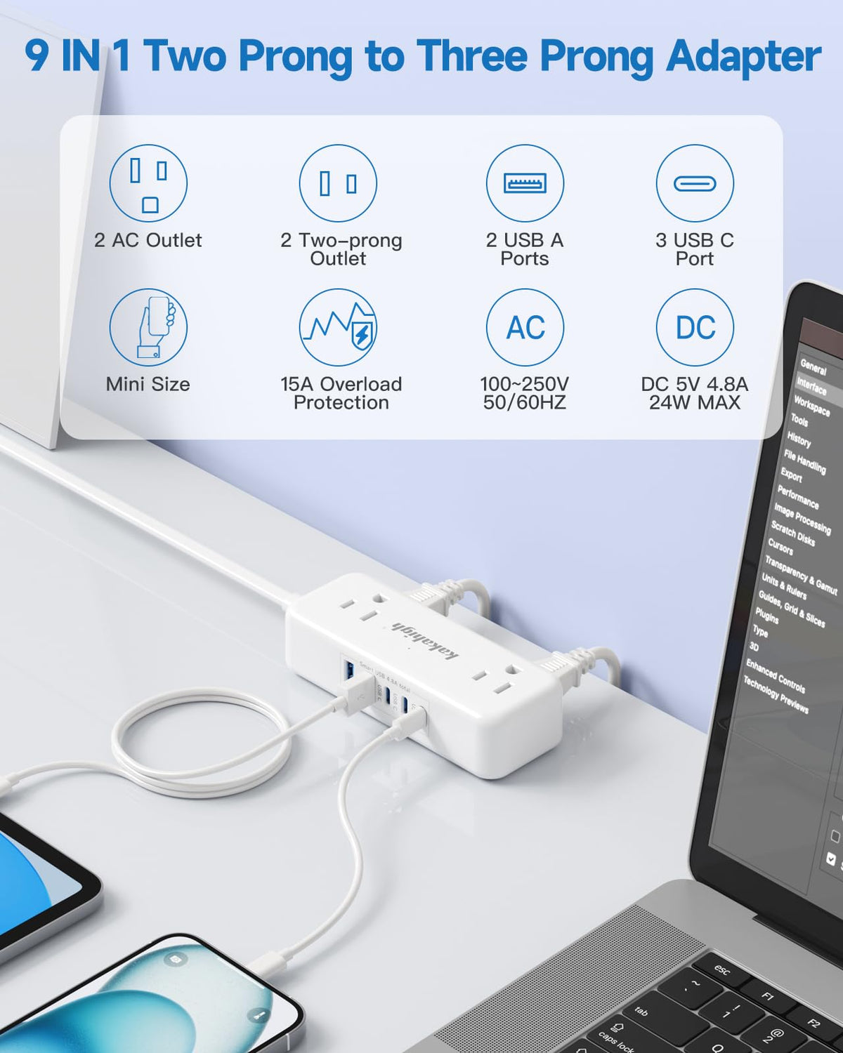 Kakahigh 9-in-1 outlet with USB hub for devices