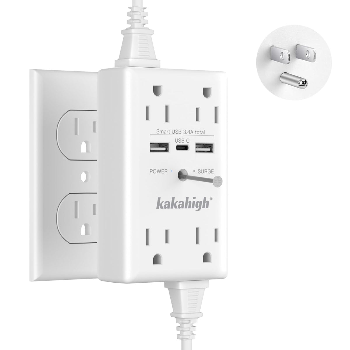 Kakahigh wall outlet extender with 8 outlets and USB ports for clutter-free power