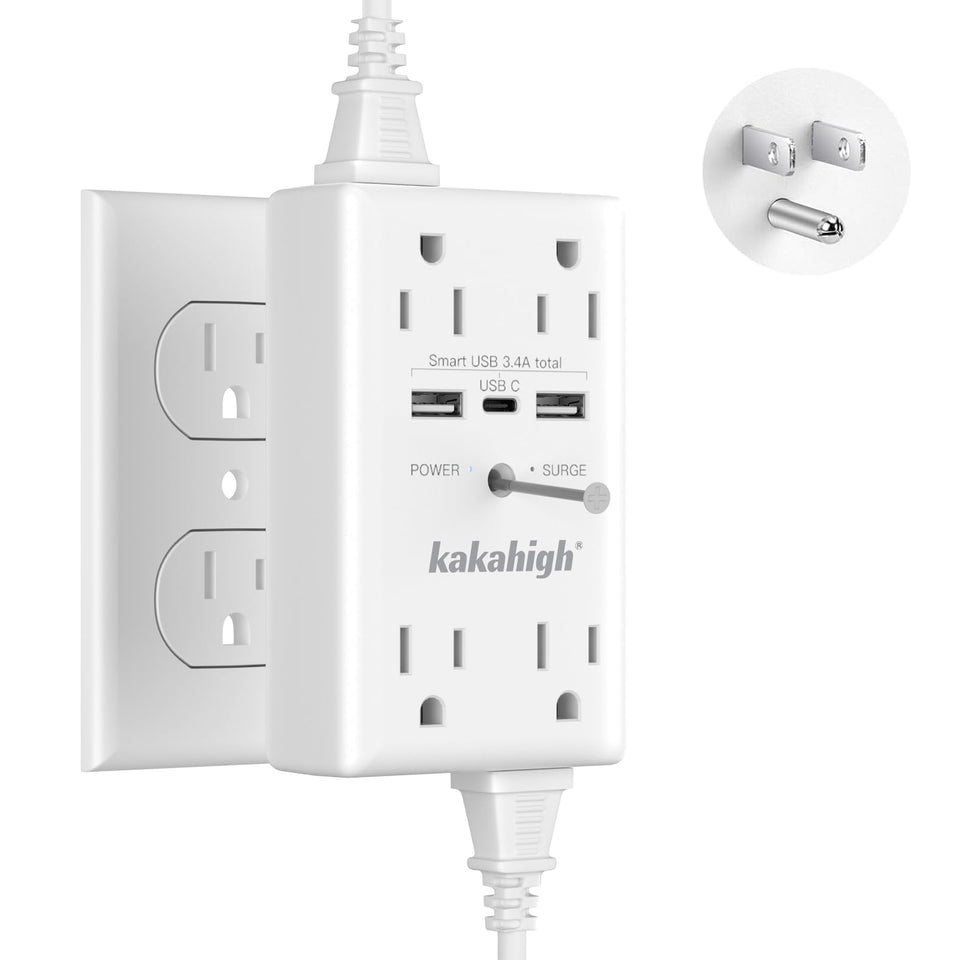 Kakahigh wall outlet extender with 8 outlets and USB ports for clutter-free power
