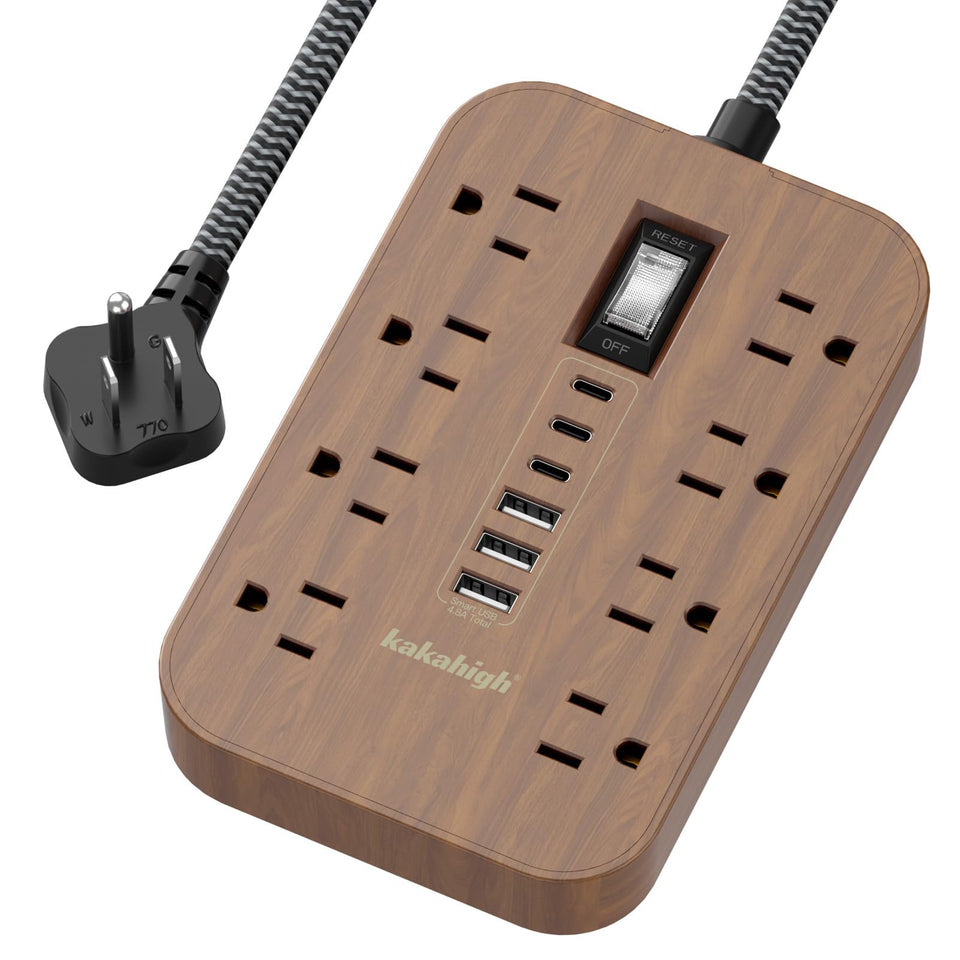 kakahigh walnut power strip front view showing outlets and USB ports for tidy charging