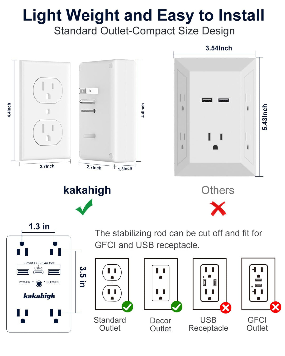 Kakahigh wide-spaced outlets prevent blocking bulky plugs