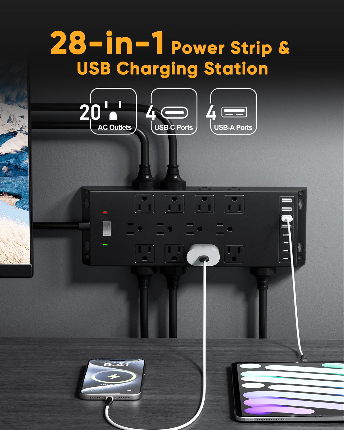 Kakyanill 28-in-1 power strip setup shows organized outlets and USB ports.