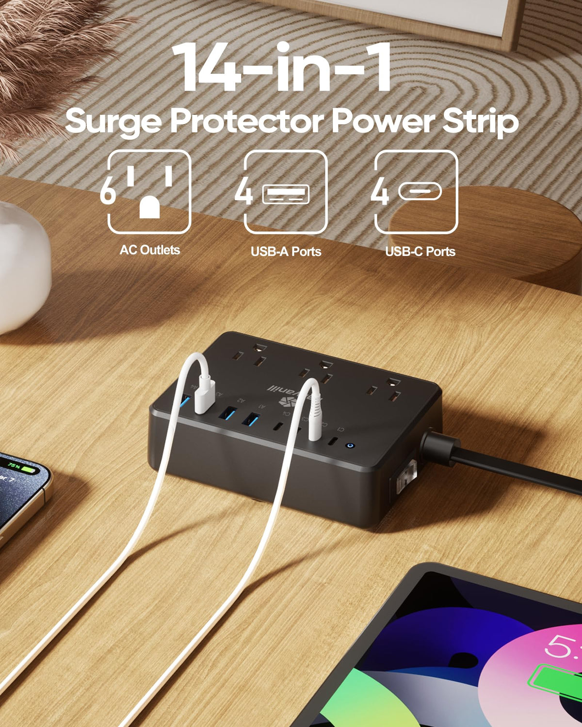 kakyanill flat plug and 5ft cord tucked behind furniture, space-saving benefit