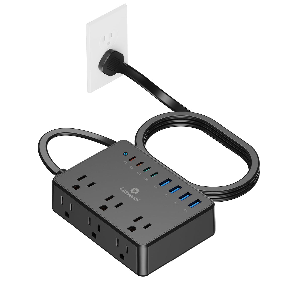 kakyanill front view showing outlets and USB ports, organized charging benefit